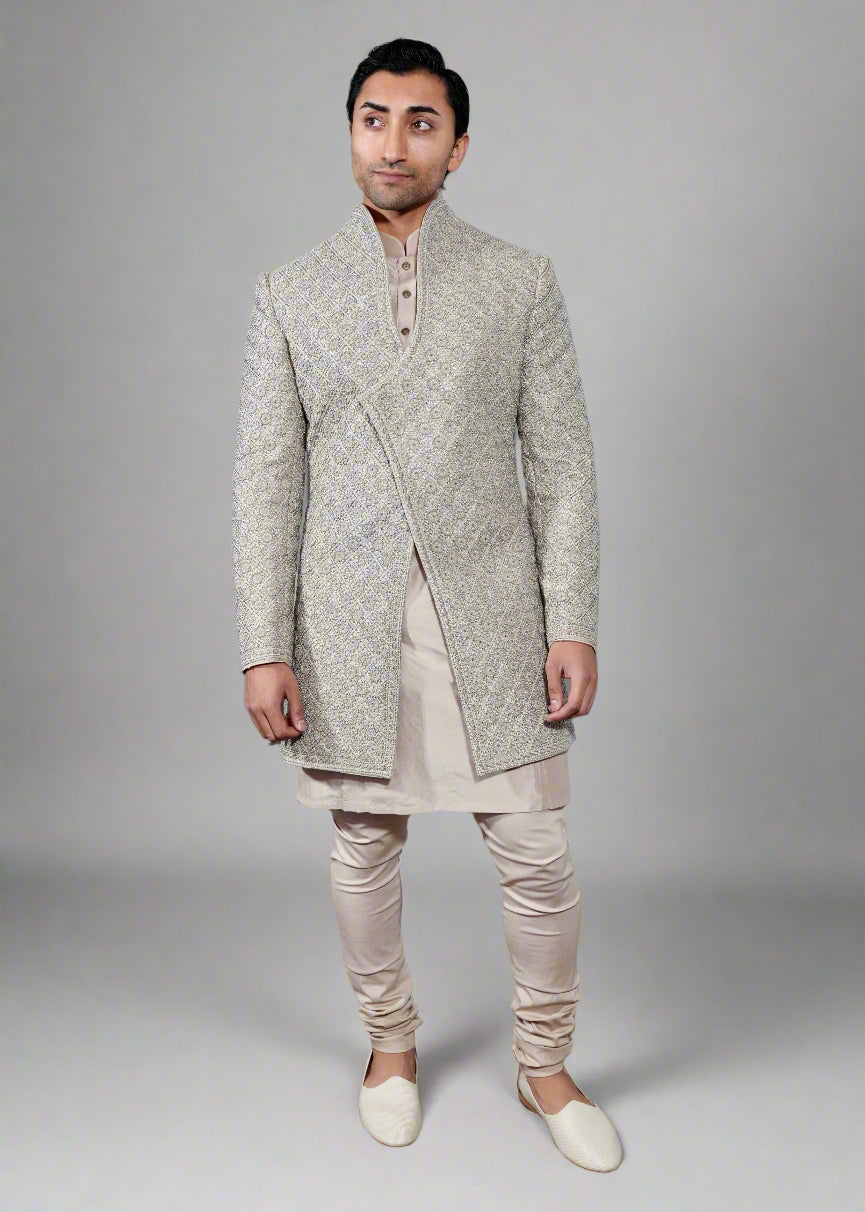 Beige Raw Silk Sherwani Set