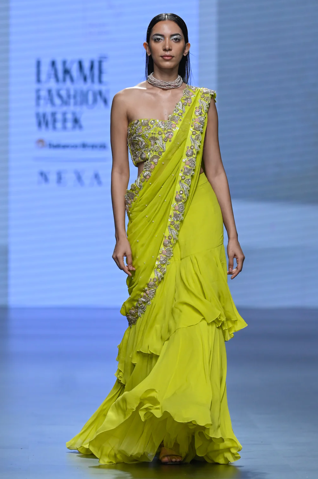 Lime Yellow Pre-Stitched Sari Set