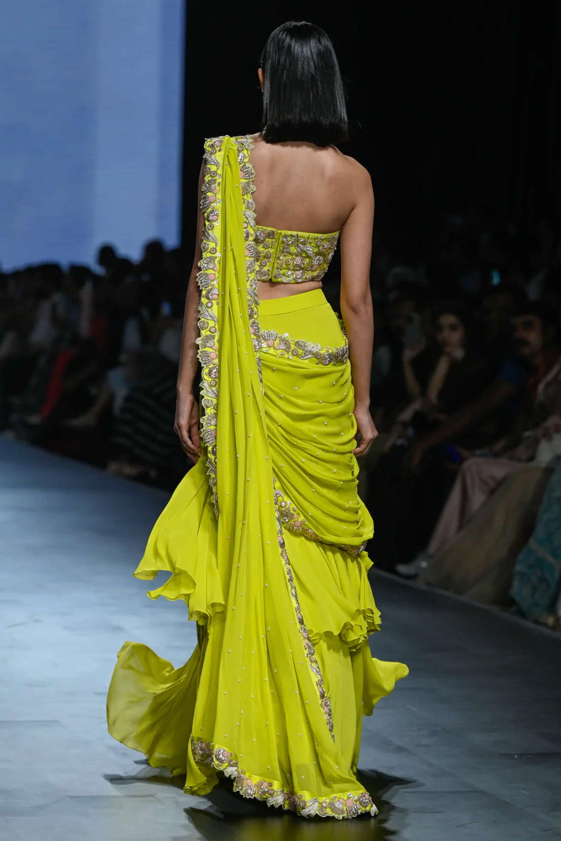 Lime Yellow Pre-Stitched Sari Set