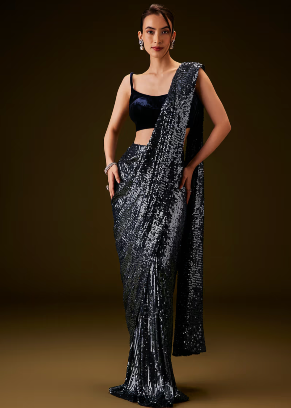 Navy Blue Sequin Pre-Draped Sari