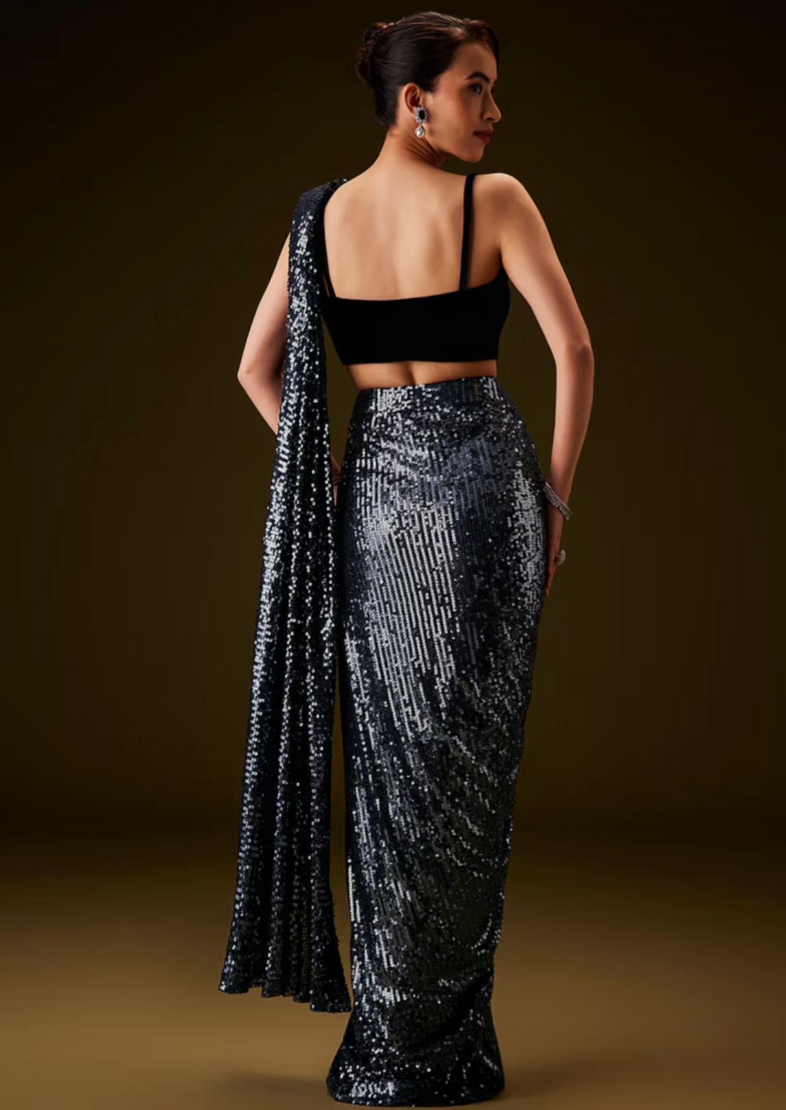 Navy Blue Sequin Pre-Draped Sari
