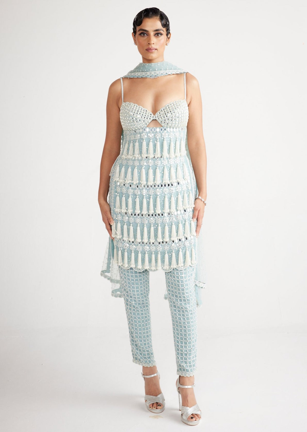 Powder Blue Chandelier Pearl Drop Pant Kurta Set