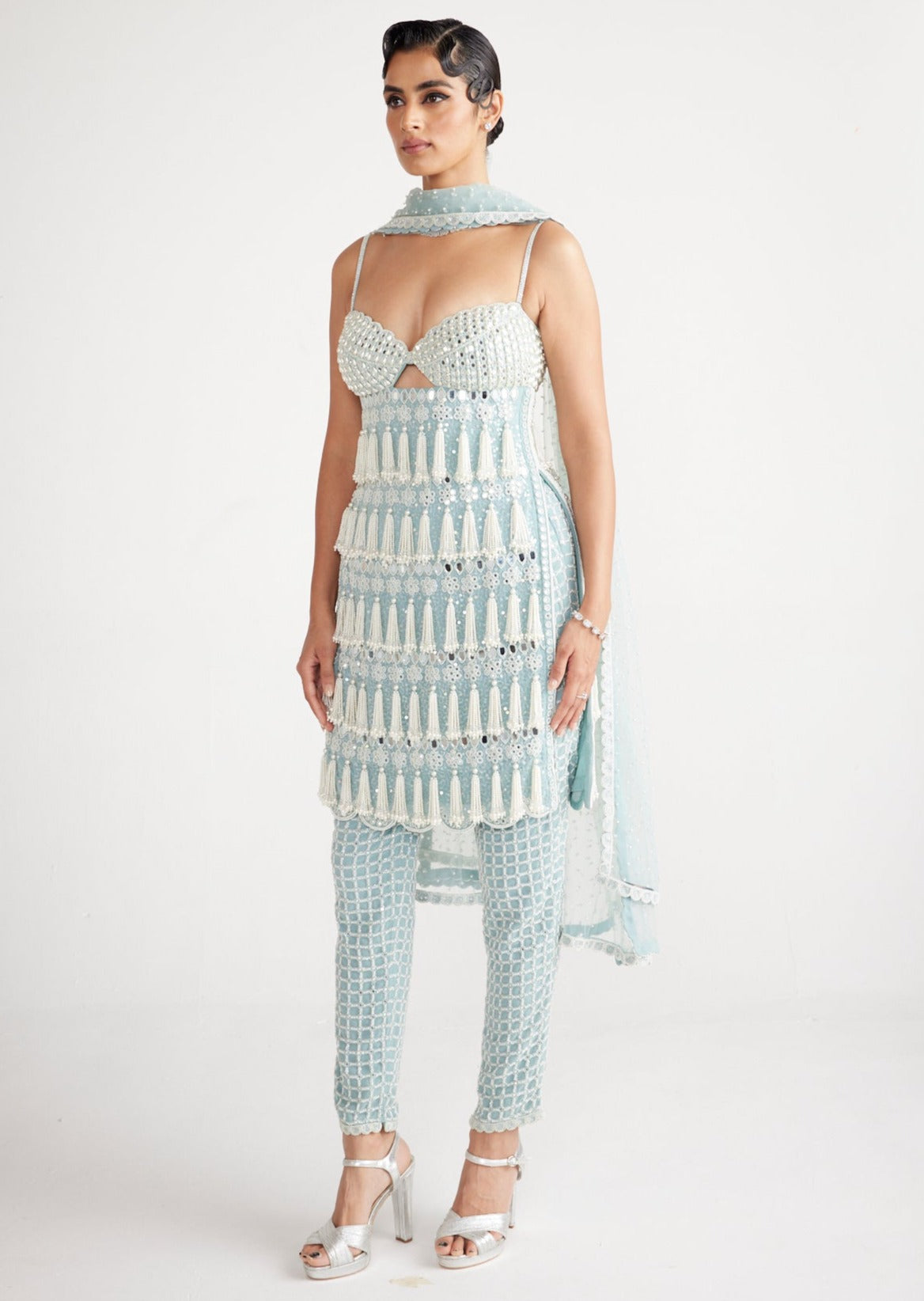 Powder Blue Chandelier Pearl Drop Pant Kurta Set