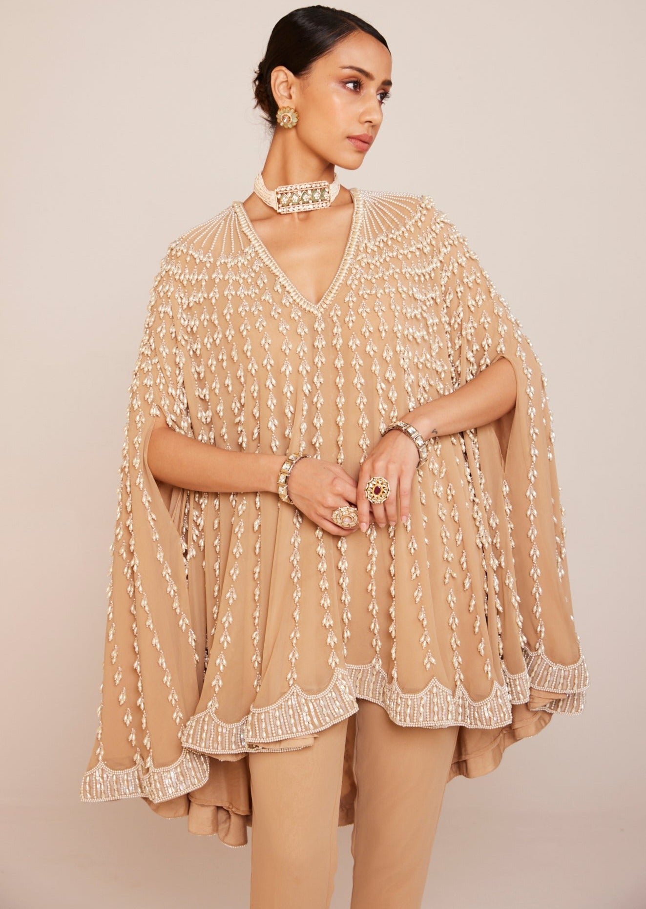 Beige Asymmetrical Cape Set