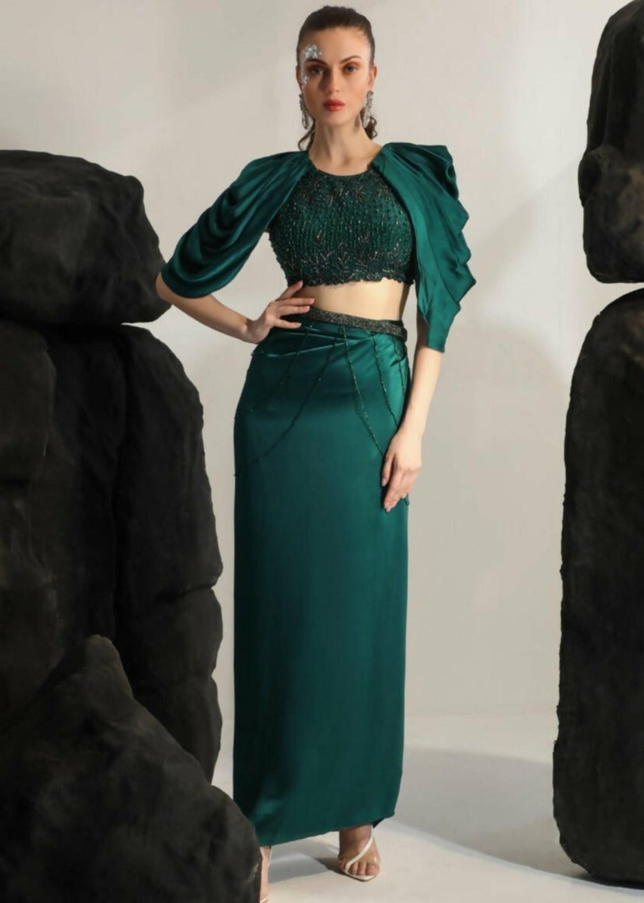 Borbála Green Fringed Top & Satin Skirt Set