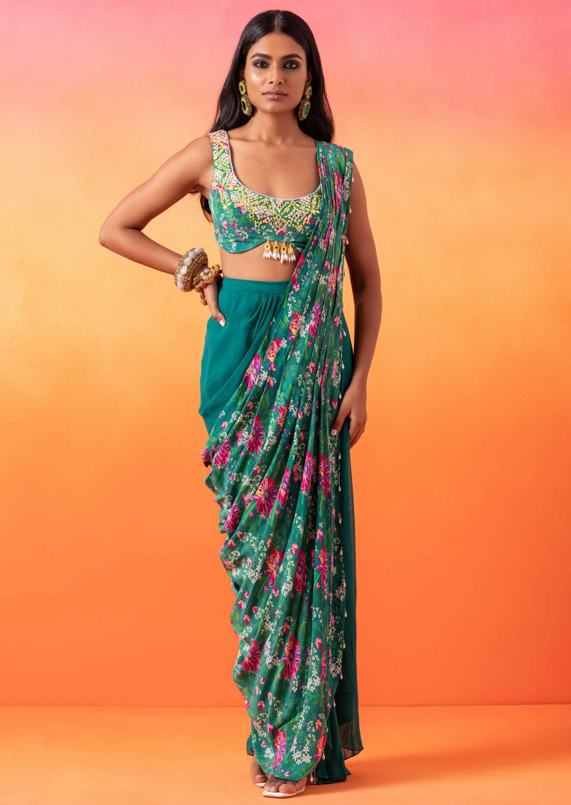 Emerald Green Floral Printed Choli & Skirt Set