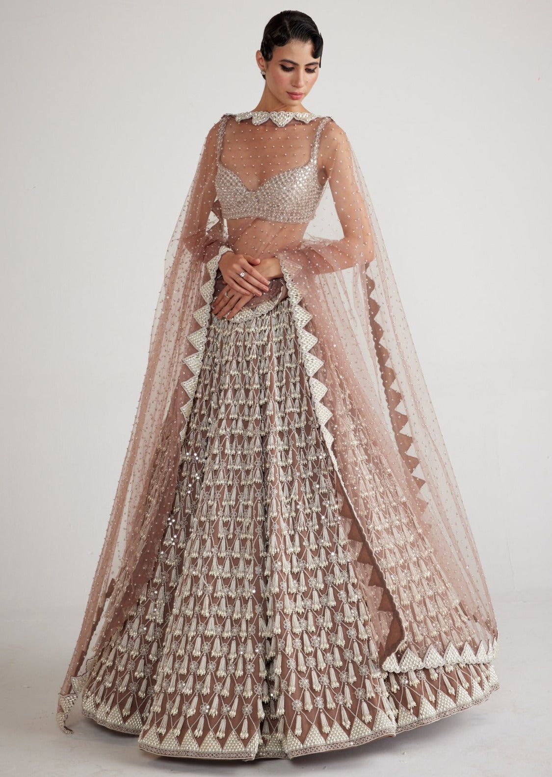 Deep Beige Chandelier Pearl Drop Lehenga Set