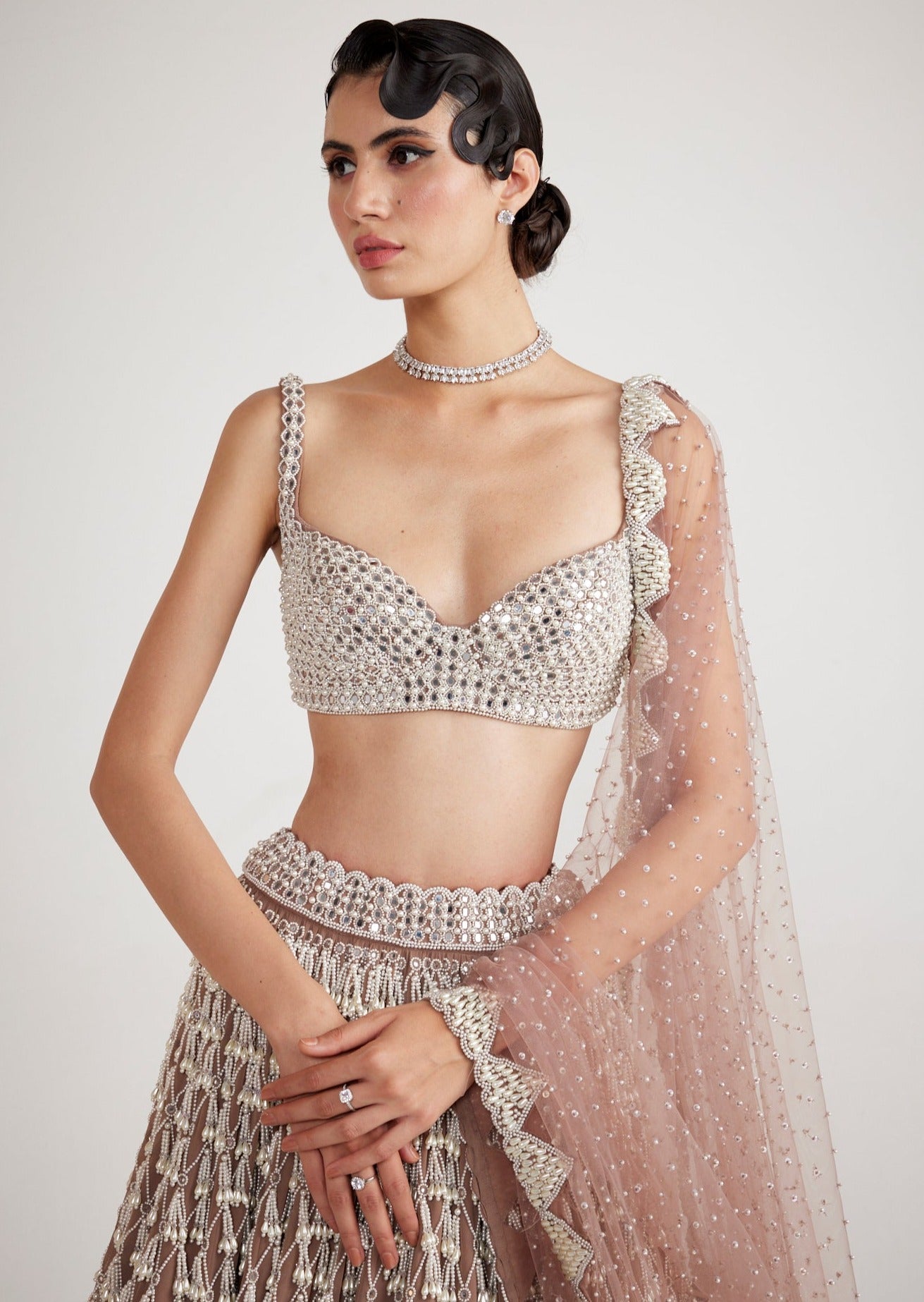 Deep Beige Chandelier Pearl Drop Lehenga Set