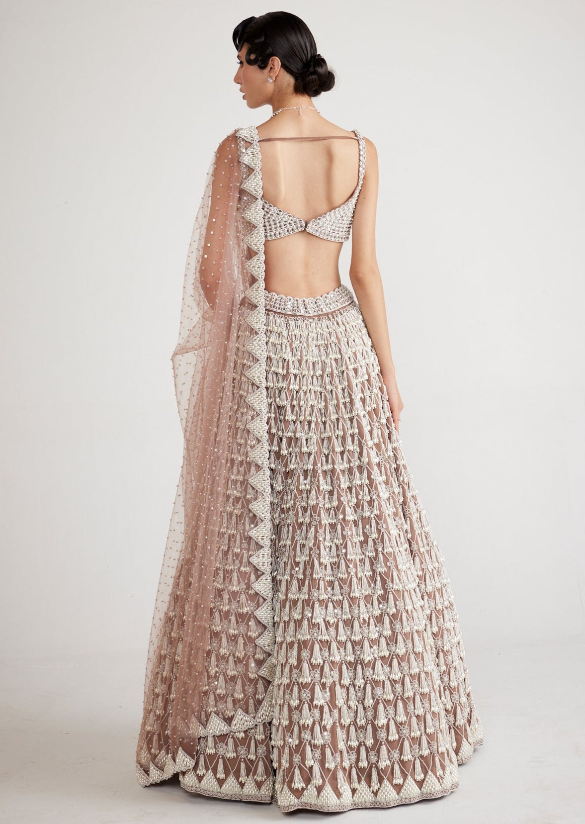 Deep Beige Chandelier Pearl Drop Lehenga Set