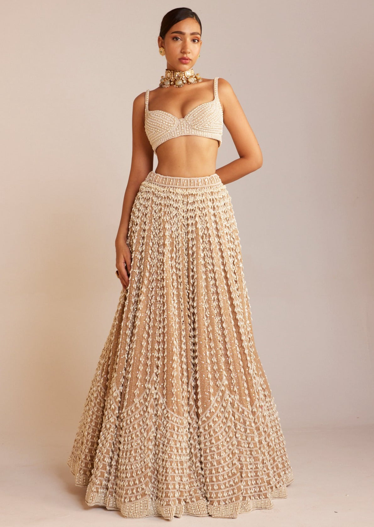 Beige Chandelier Pearl Sweetheart Neck Lehenga Set