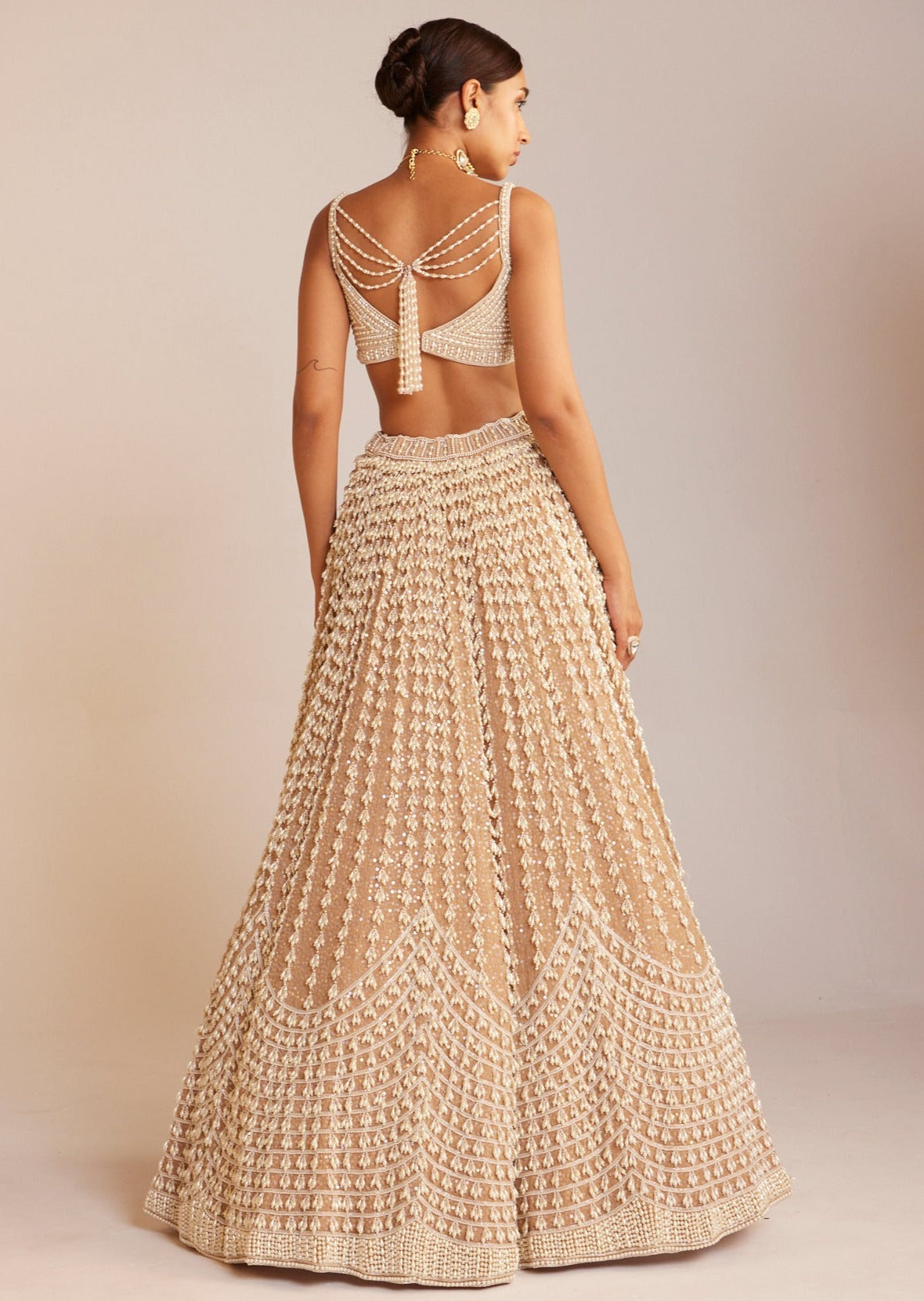 Beige Chandelier Pearl Sweetheart Neck Lehenga Set