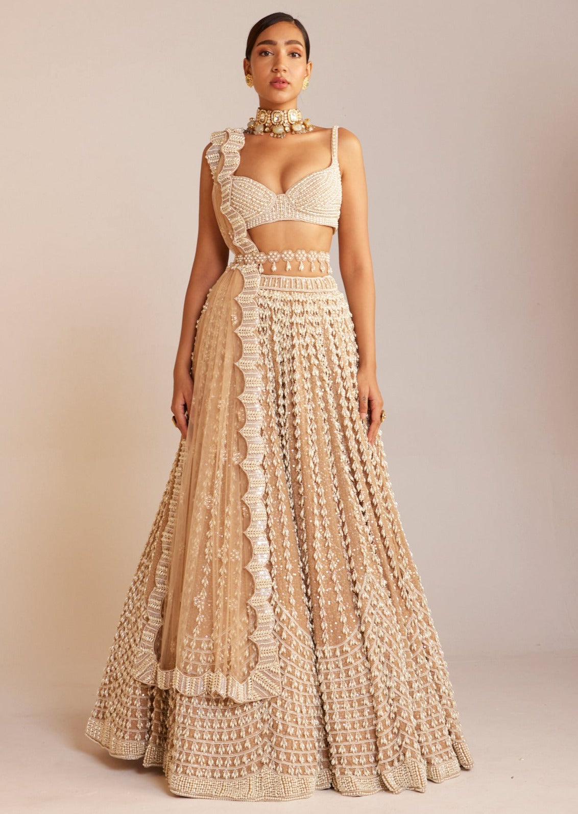 Beige Chandelier Pearl Sweetheart Neck Lehenga Set