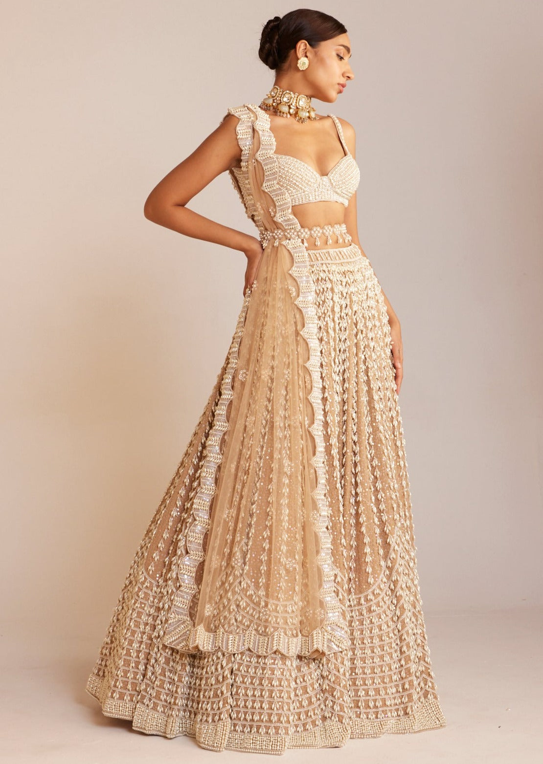 Beige Chandelier Pearl Sweetheart Neck Lehenga Set