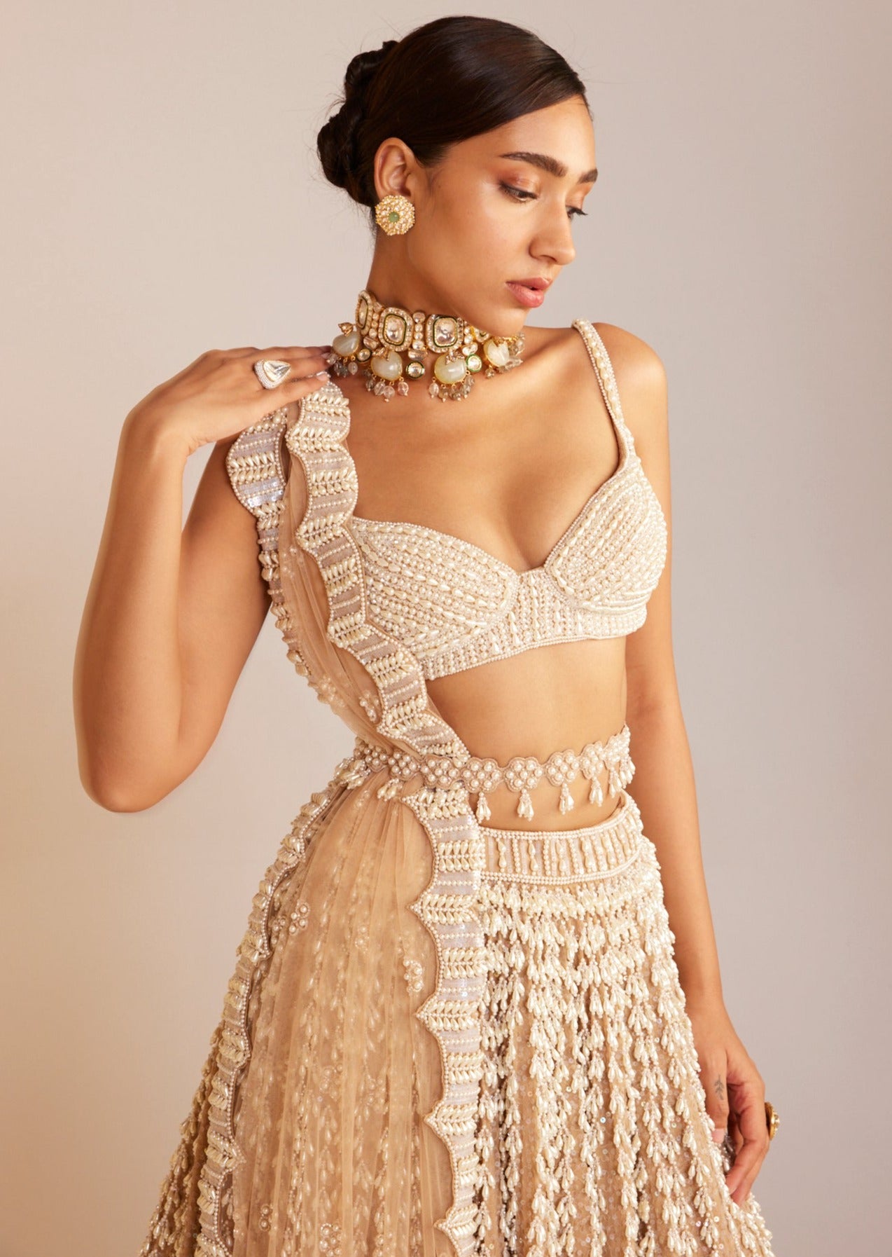 Beige Chandelier Pearl Sweetheart Neck Lehenga Set