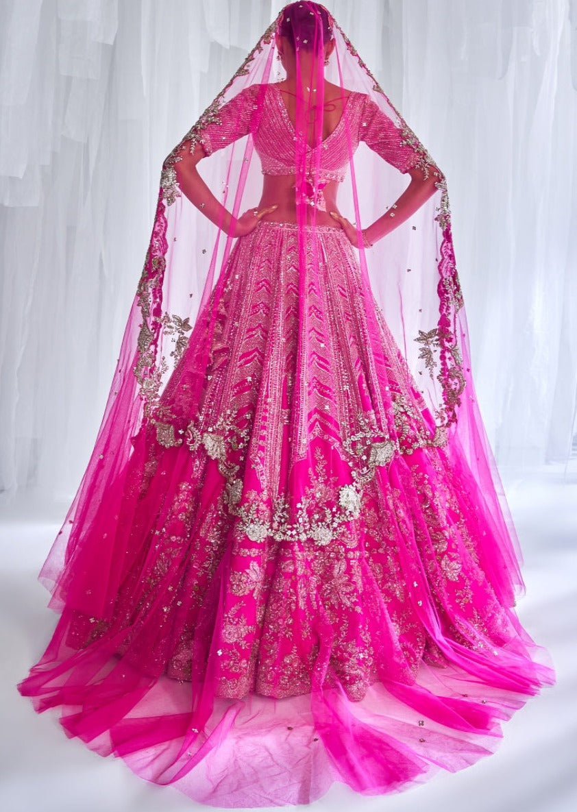 Cynthia Fuchsia Raw Silk Bridal Lehenga Set