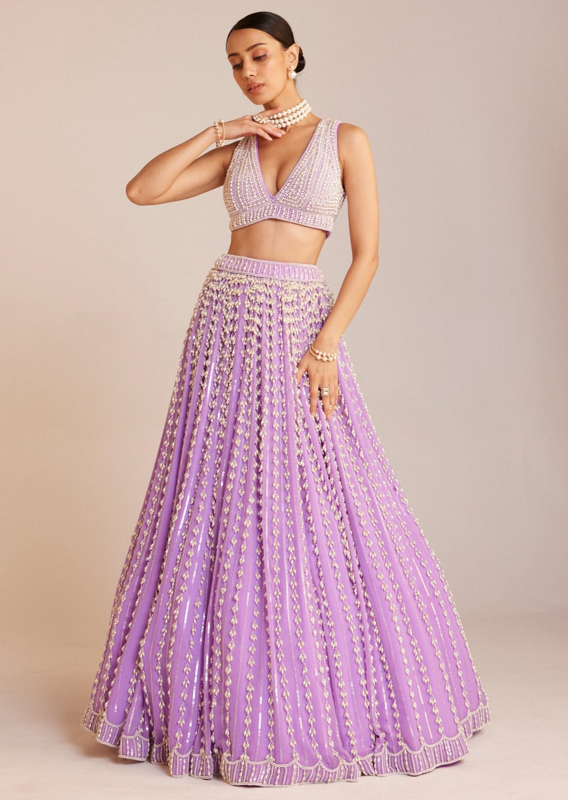 Lilac V-Neck Pearl Chandelier Lehenga Set