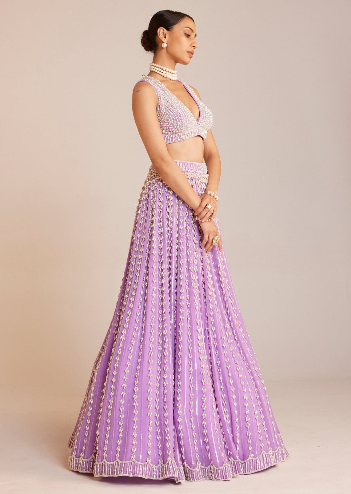 Lilac V-Neck Pearl Chandelier Lehenga Set