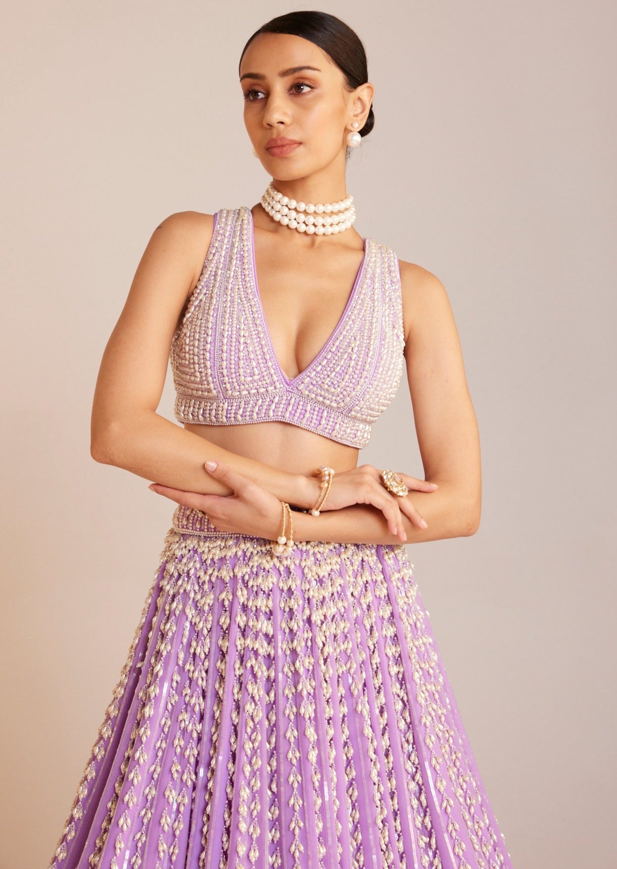 Lilac V-Neck Pearl Chandelier Lehenga Set