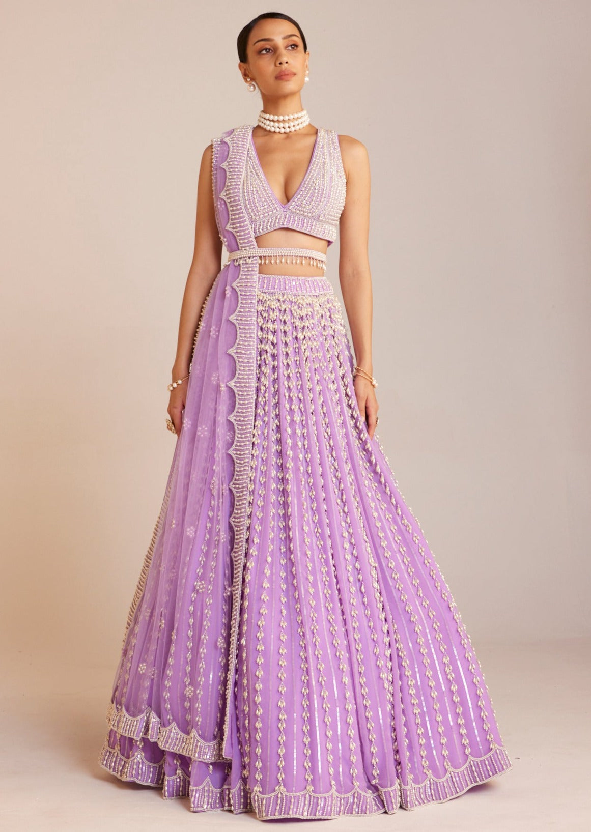 Lilac V-Neck Pearl Chandelier Lehenga Set