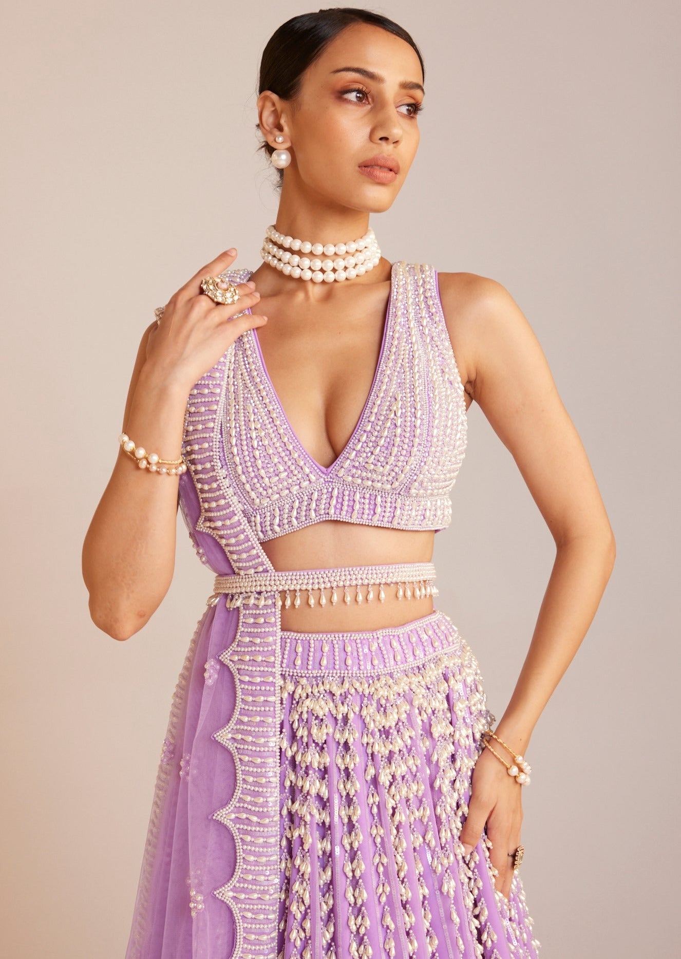 Lilac V-Neck Pearl Chandelier Lehenga Set