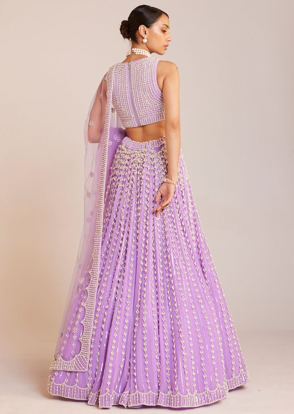 Lilac V-Neck Pearl Chandelier Lehenga Set