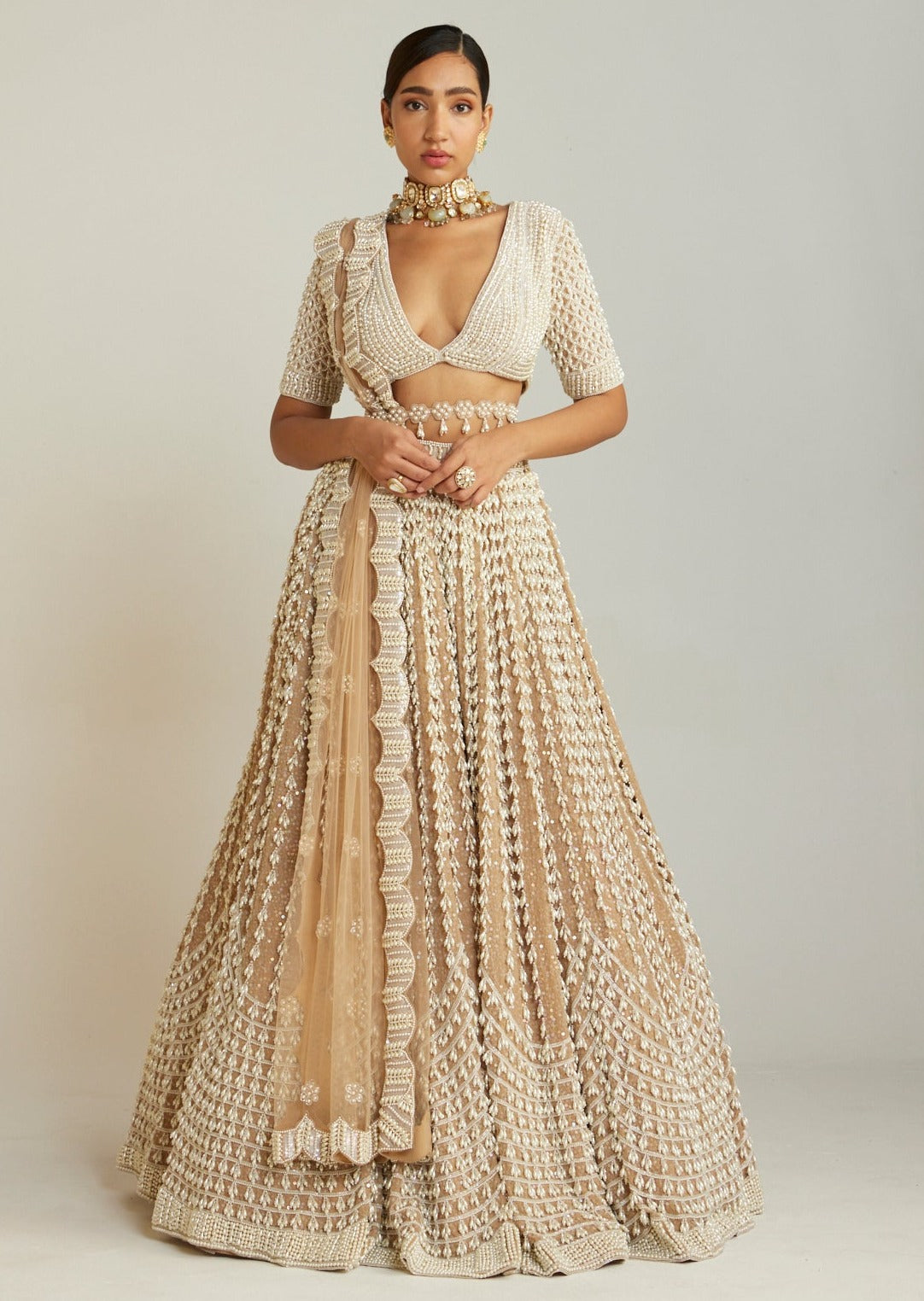 Beige V-Neck Chandelier Pearl Lehenga Set