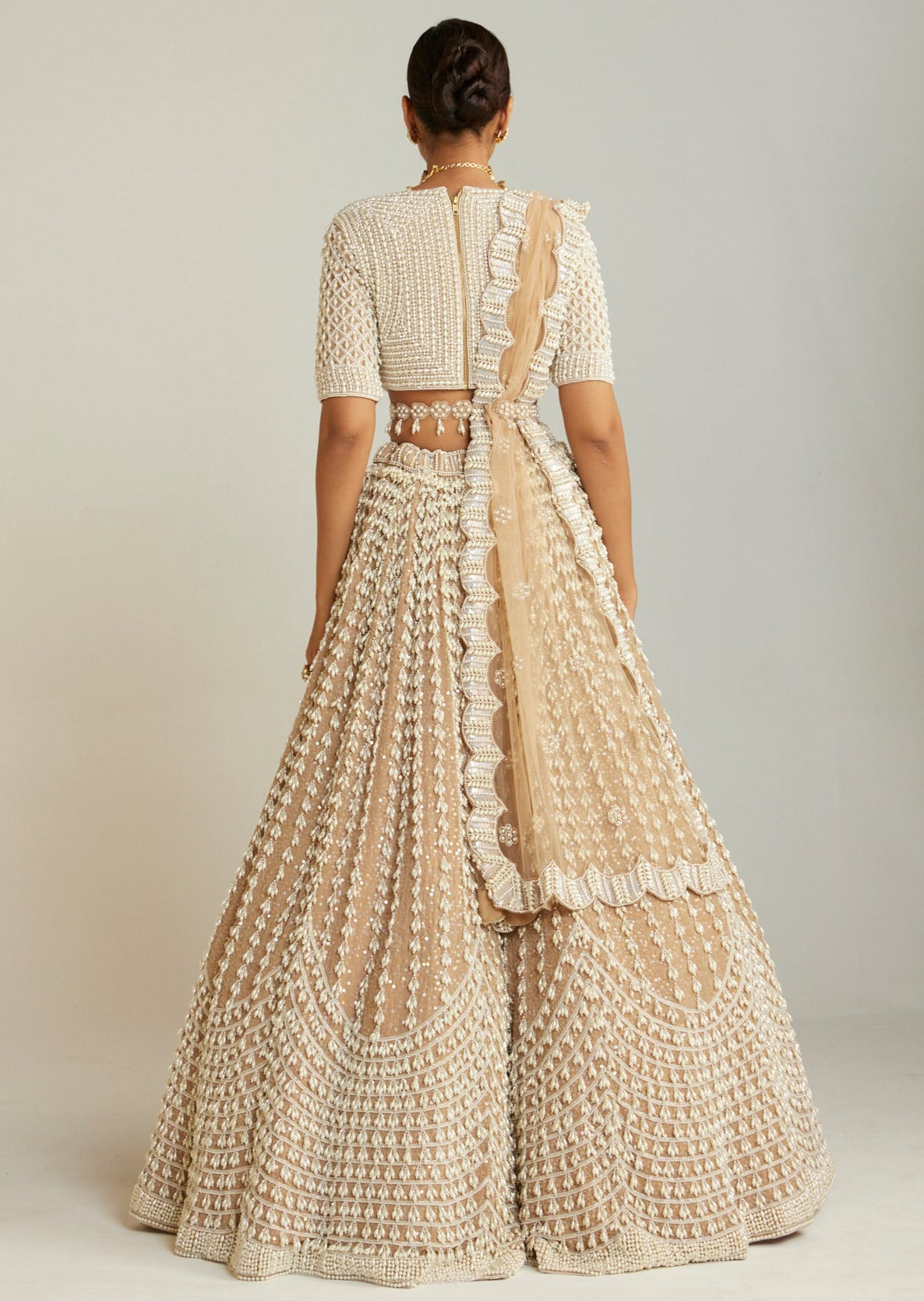 Beige V-Neck Chandelier Pearl Lehenga Set