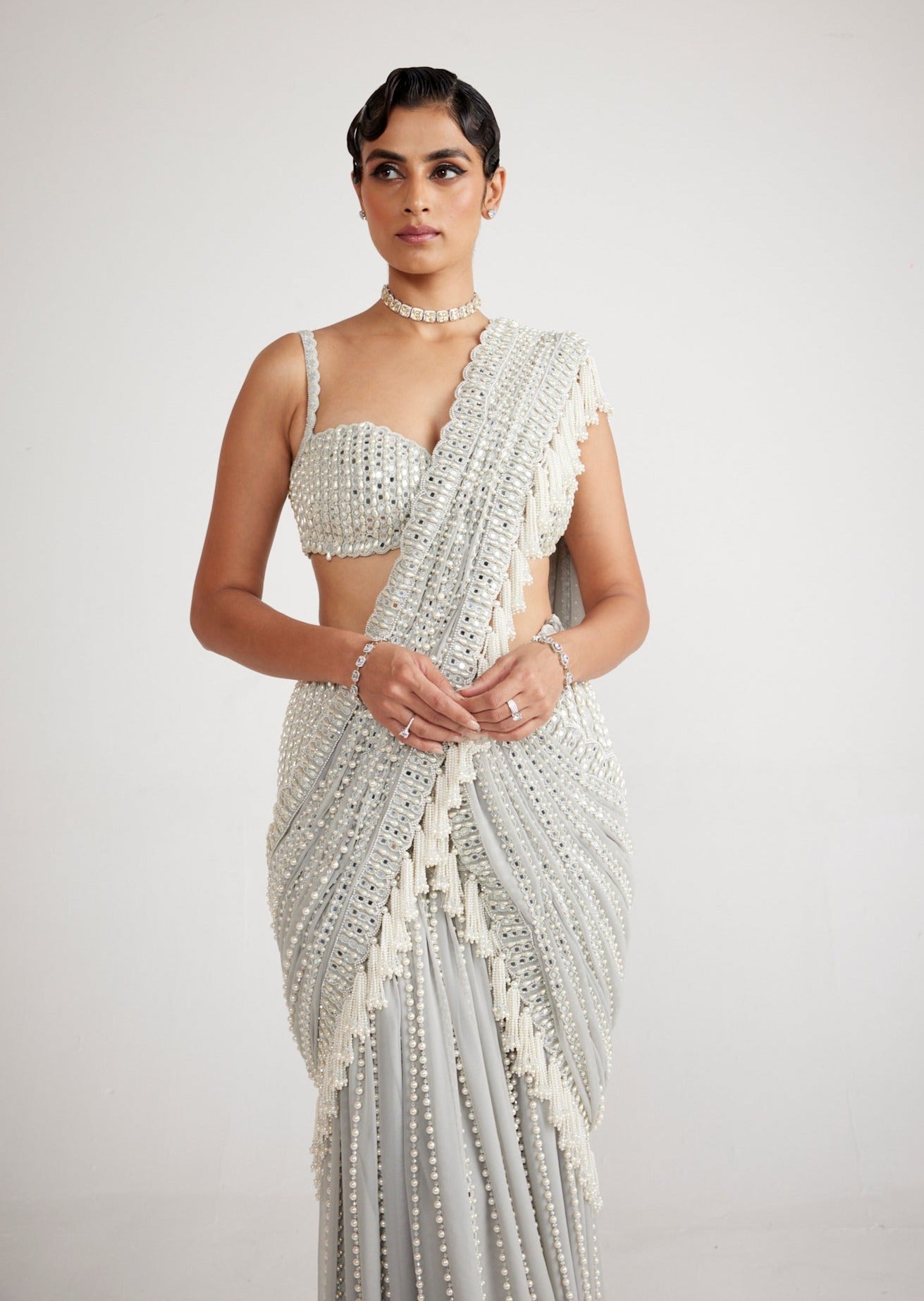 Powder Grey Chandelier Pearl Drop Sari Set