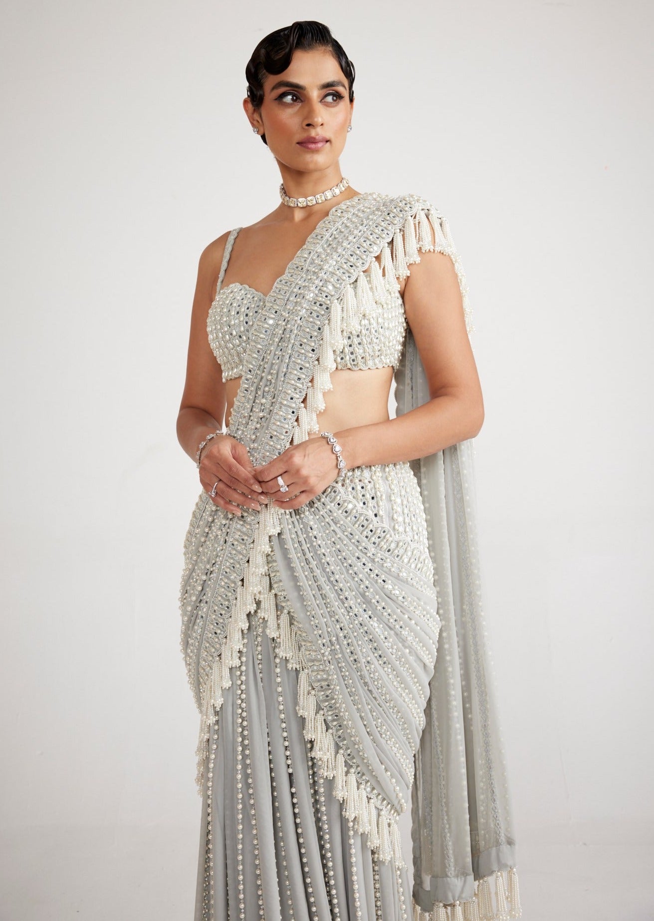 Powder Grey Chandelier Pearl Drop Sari Set