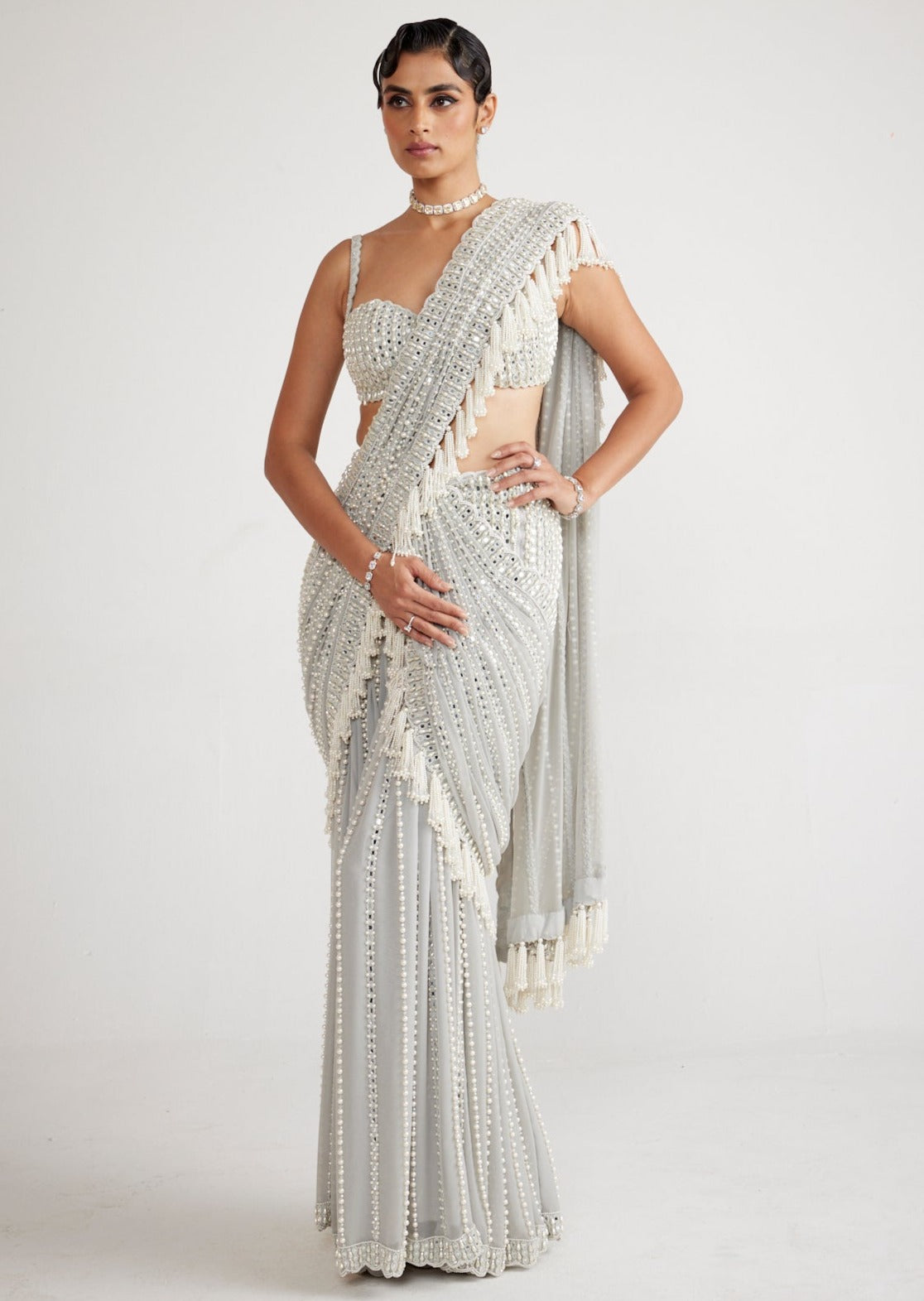 Powder Grey Chandelier Pearl Drop Sari Set