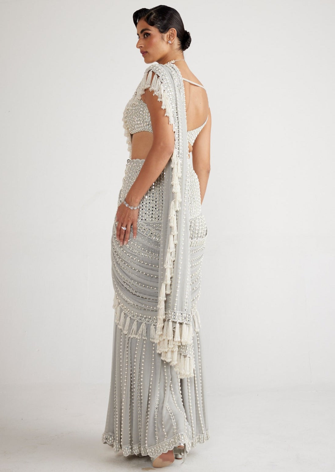 Powder Grey Chandelier Pearl Drop Sari Set