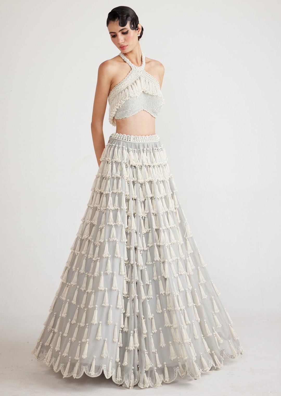 Powder Grey Chandelier Pearl Drop Crop Top Skirt Set