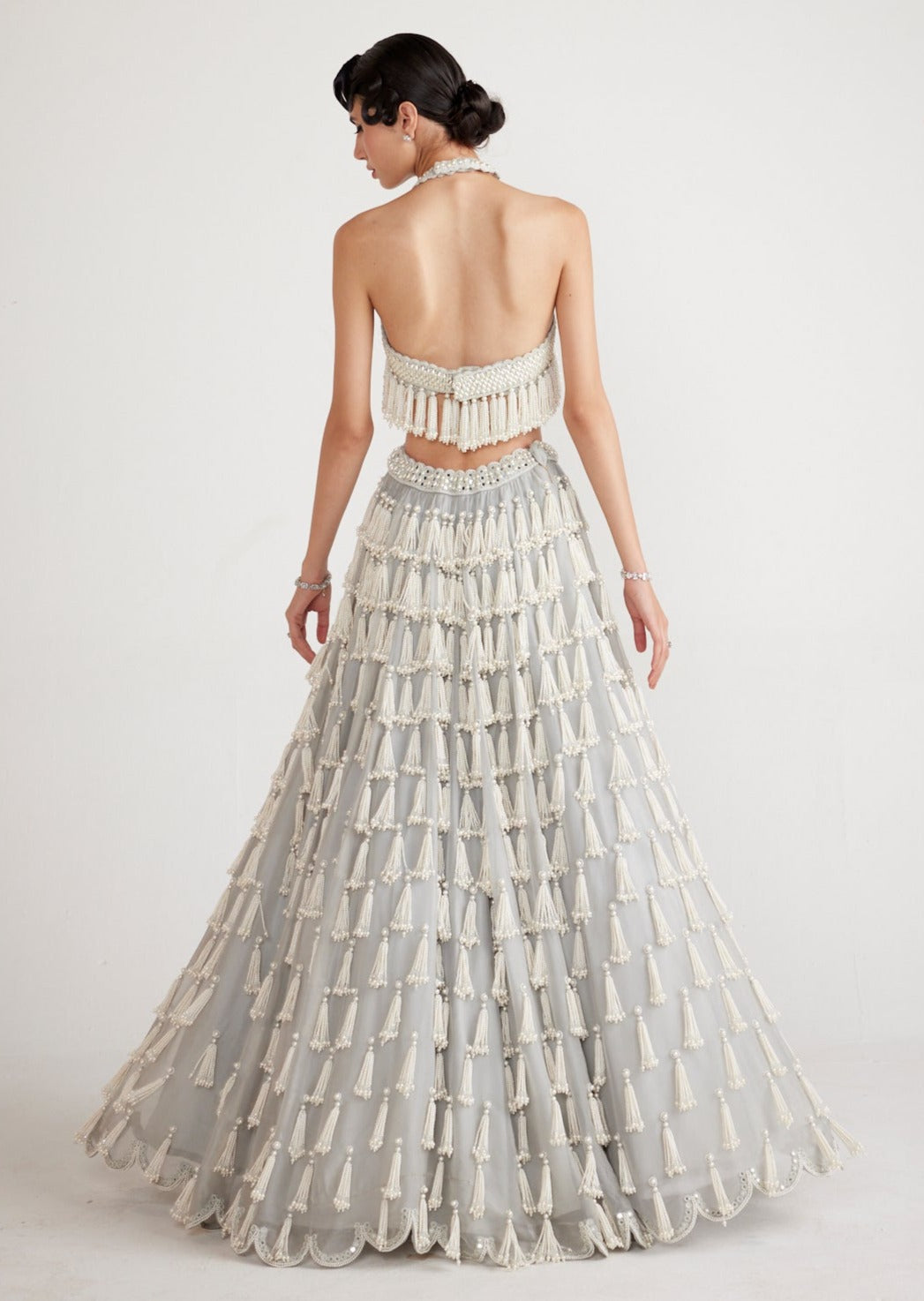 Powder Grey Chandelier Pearl Drop Crop Top Skirt Set