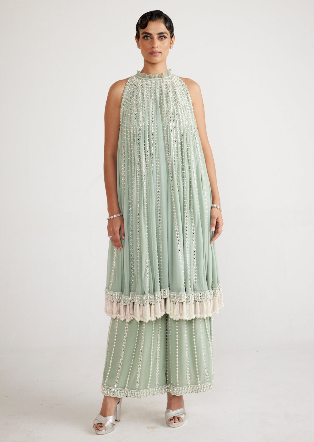mint green full length dress Mint Ramie Midi Dress – self-portrait-US main image 1