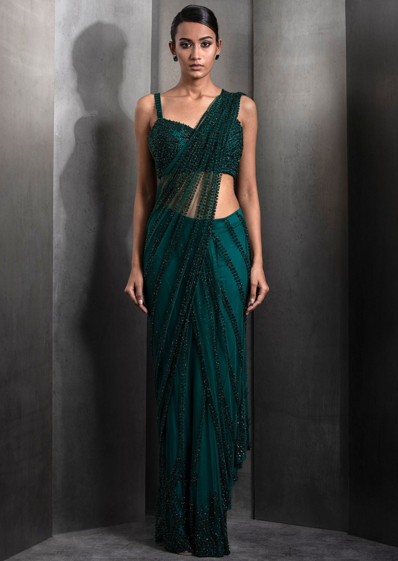 Emerald Metallic Pre-Stitched Sari
