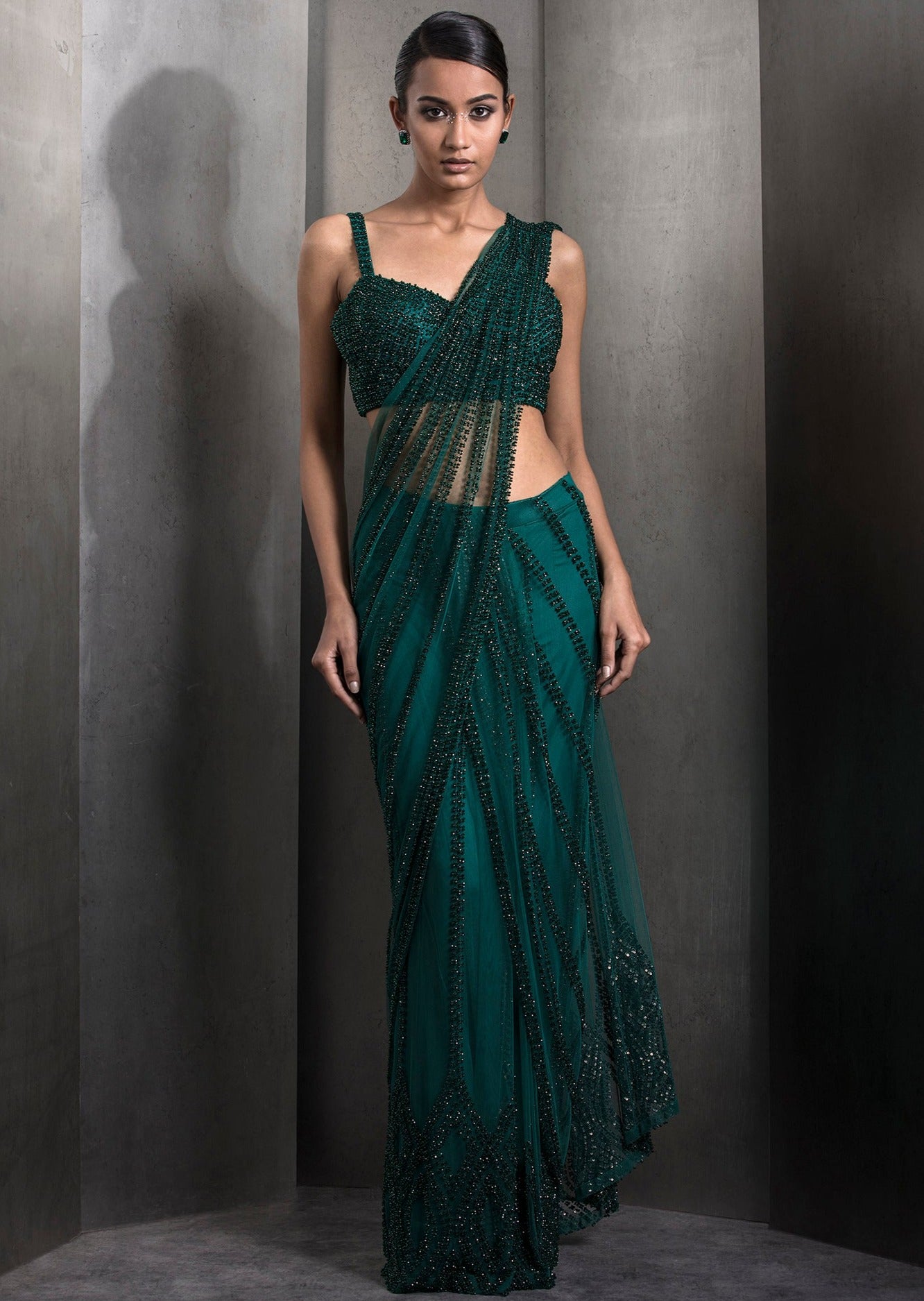 Emerald Metallic Pre-Stitched Sari