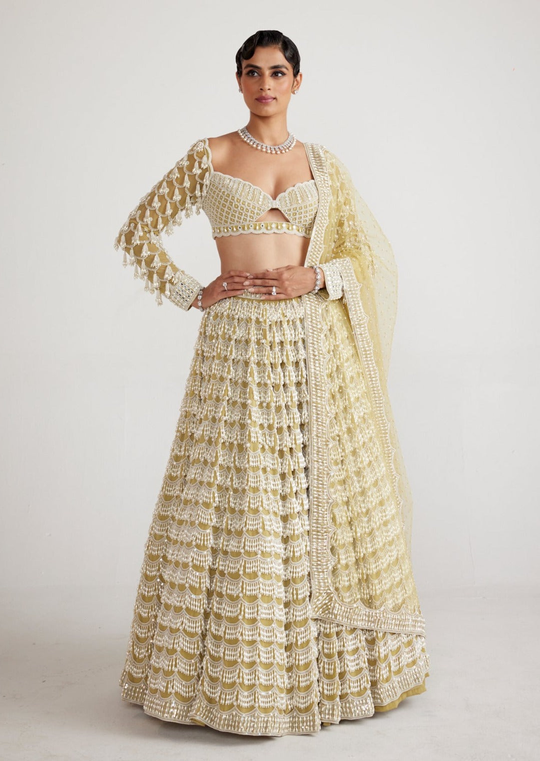 Fern Green Chandelier Pearl Drop Heavy Lehenga Set
