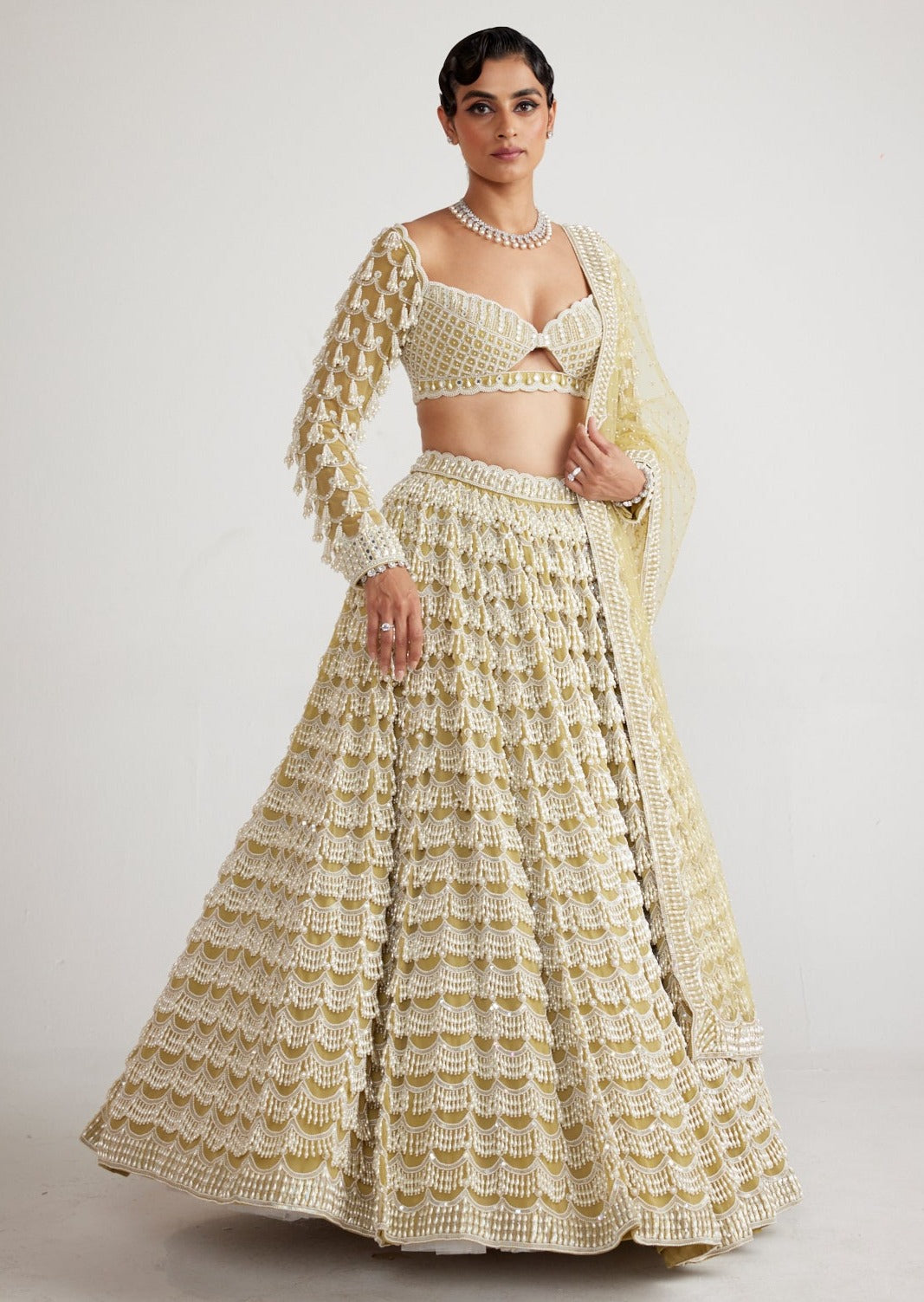 Fern Green Chandelier Pearl Drop Heavy Lehenga Set