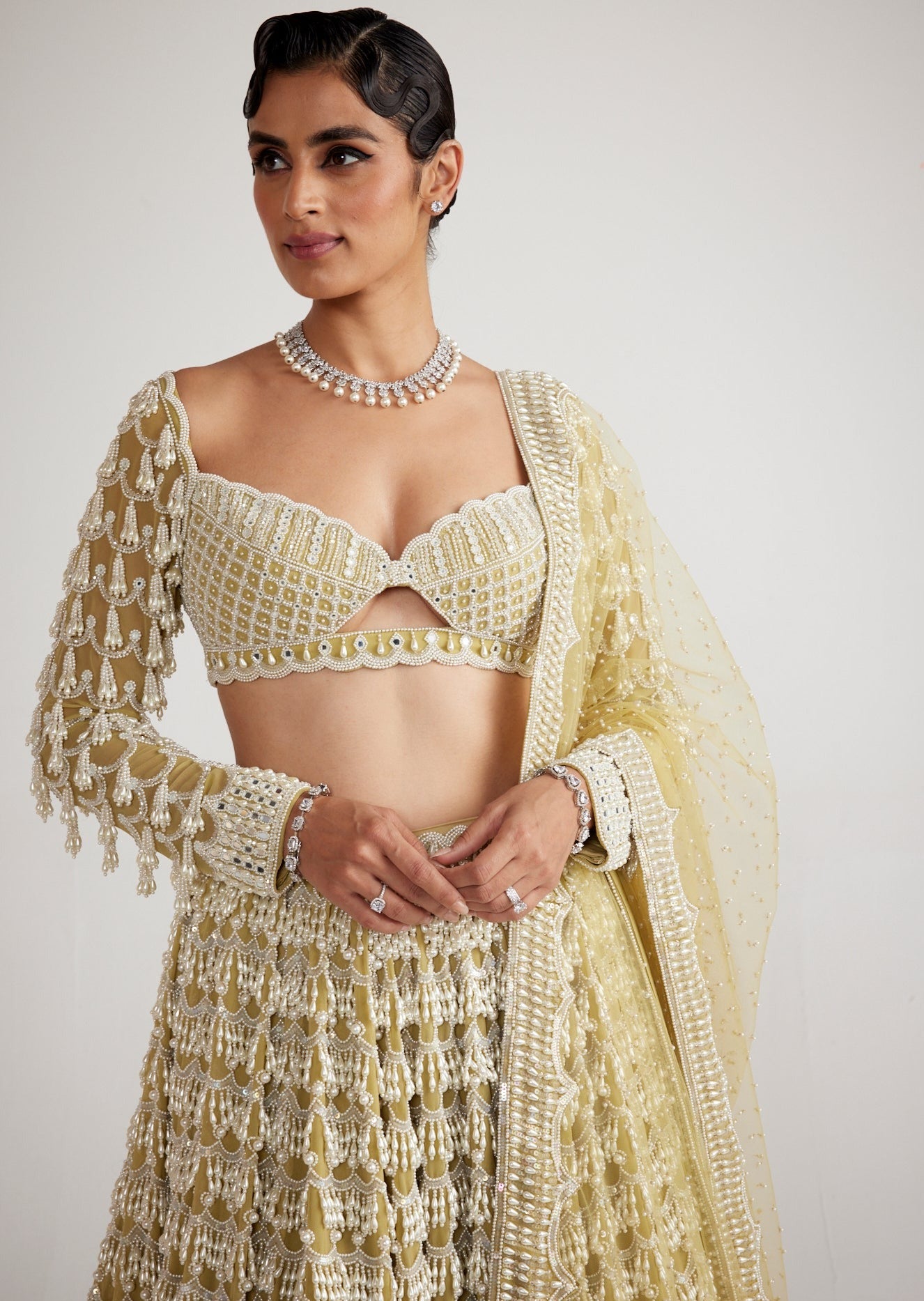 Fern Green Chandelier Pearl Drop Heavy Lehenga Set