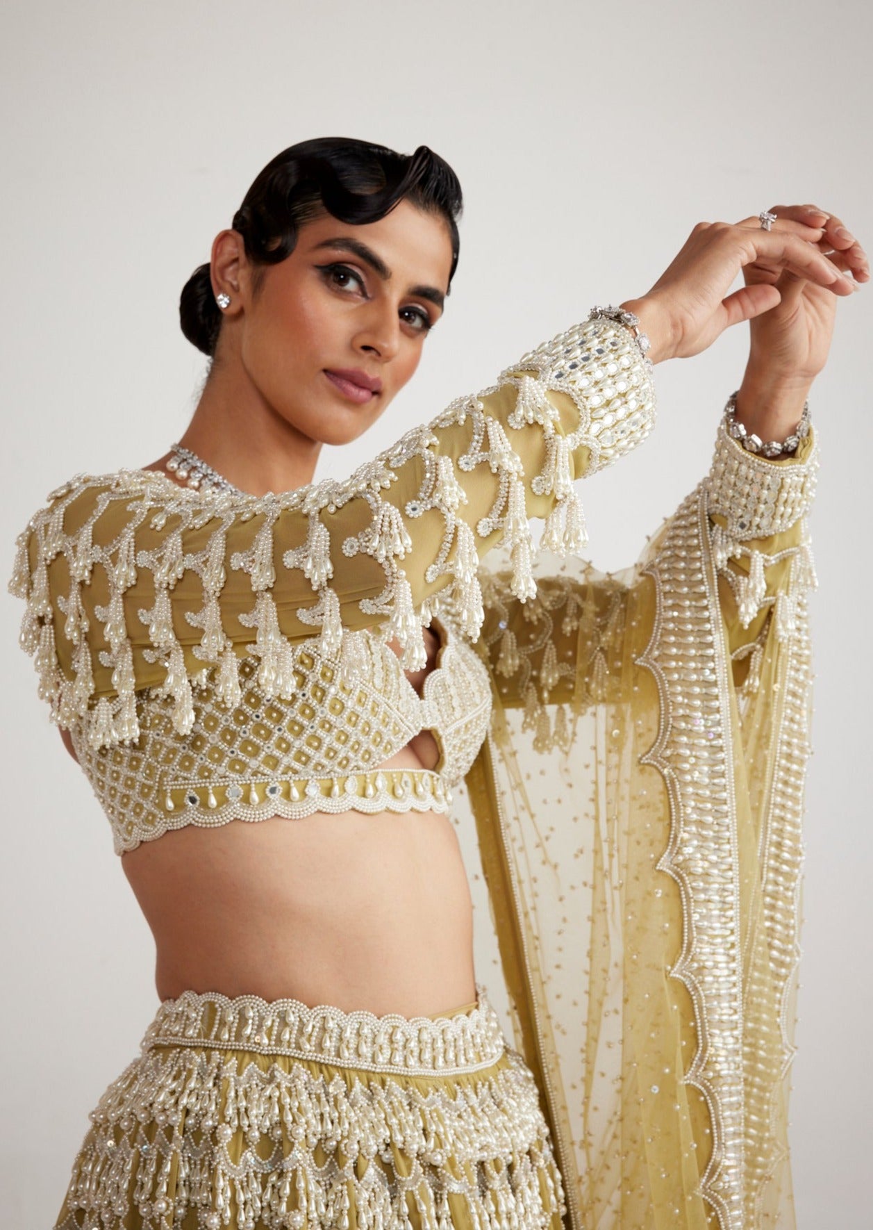 Fern Green Chandelier Pearl Drop Heavy Lehenga Set