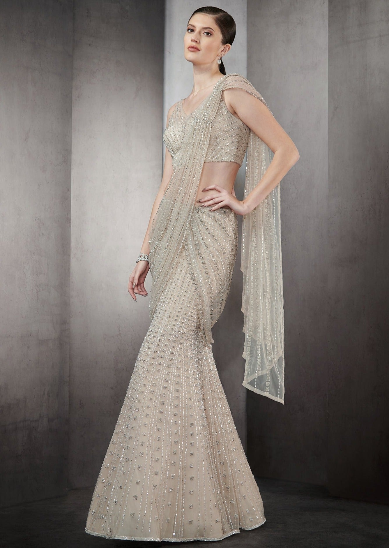 Mist Pre-Stitched Crystal Embroidered Sari