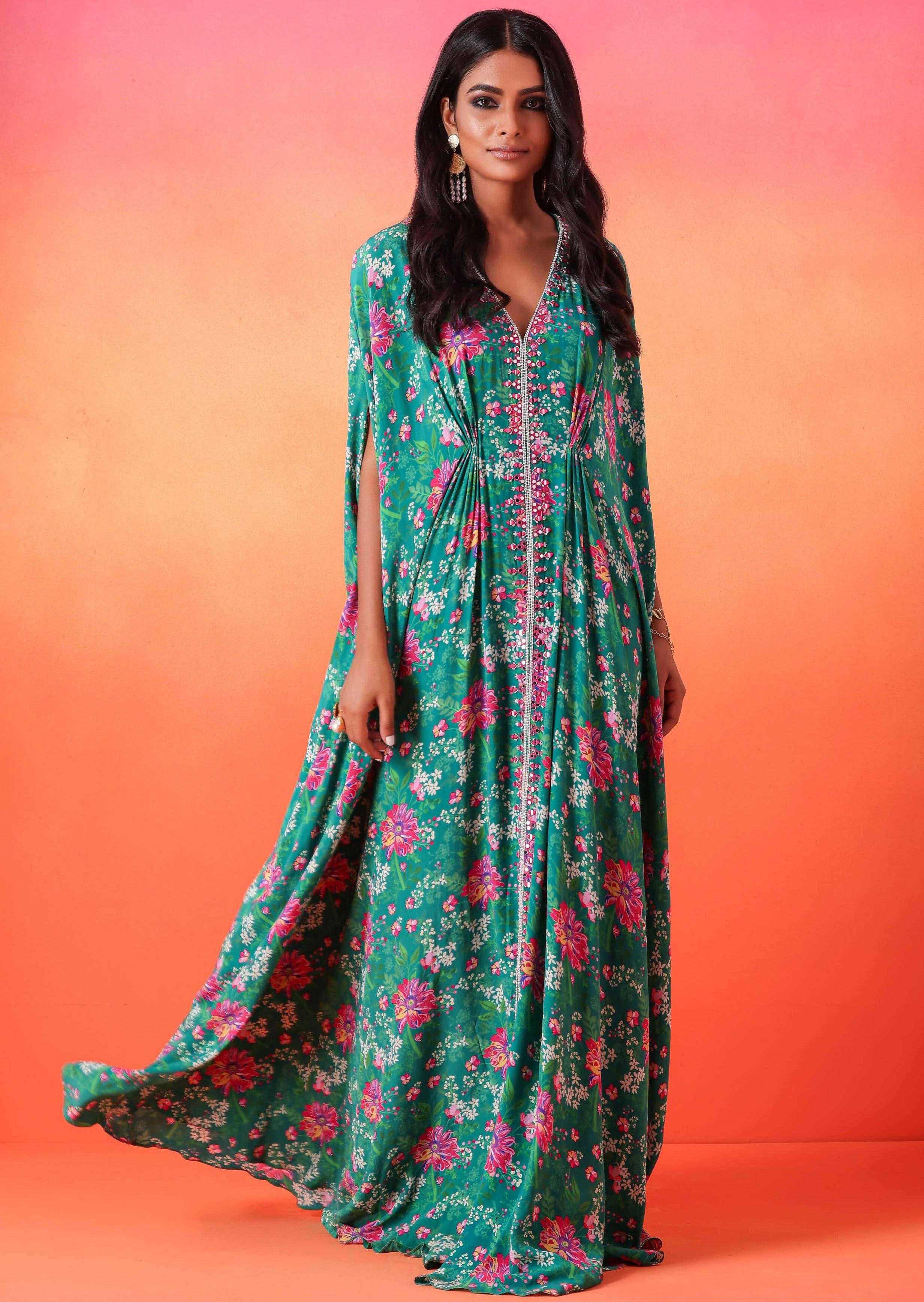 Emerald Green Floral Printed Kaftan