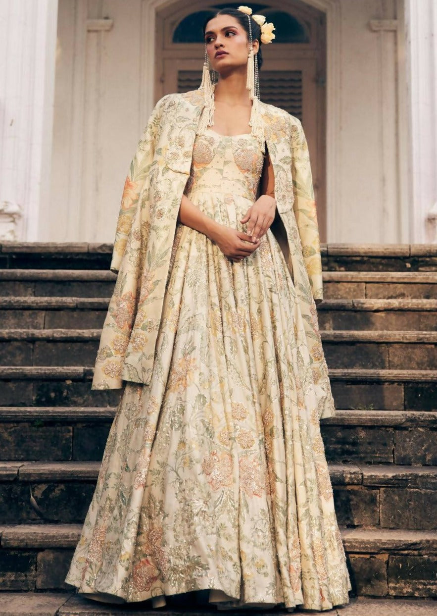 Ivory Orange Floral Anarkali with Long Jacket