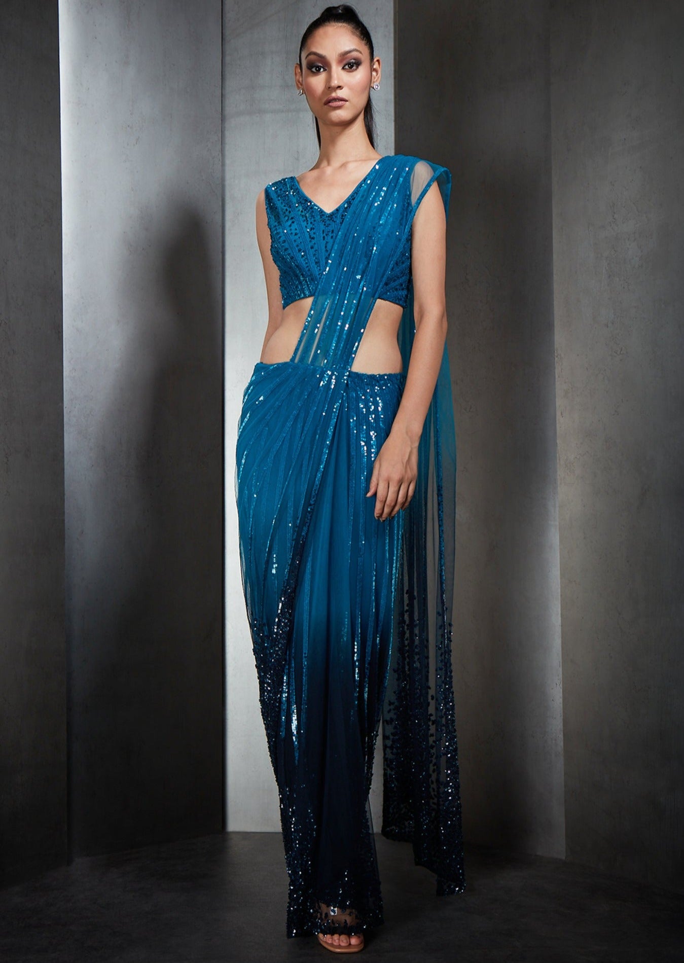 Blue Ombre Stripe Embroidery Sari