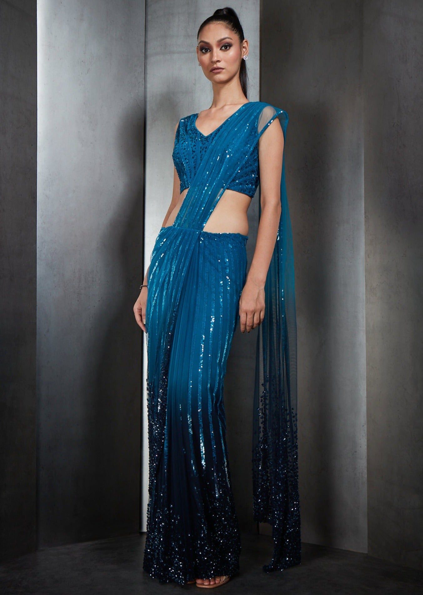 Blue Ombre Stripe Embroidery Sari