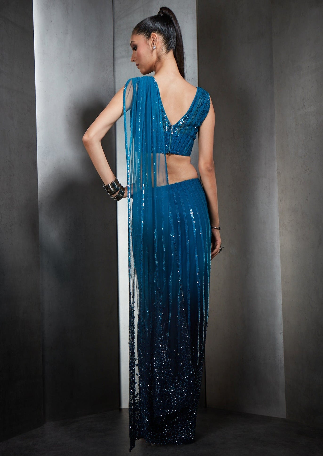 Blue Ombre Stripe Embroidery Sari