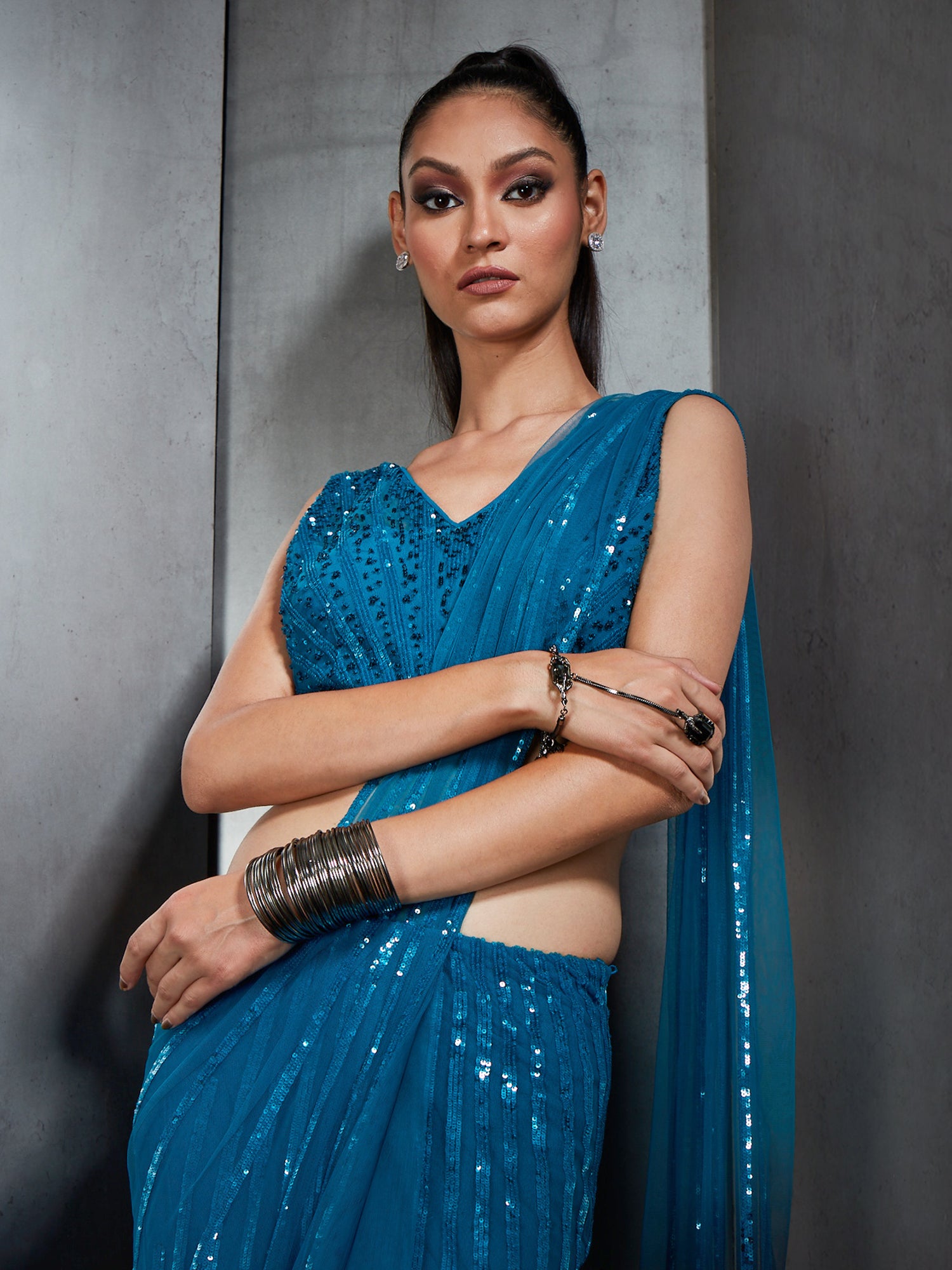 Blue Ombre Stripe Embroidery Sari