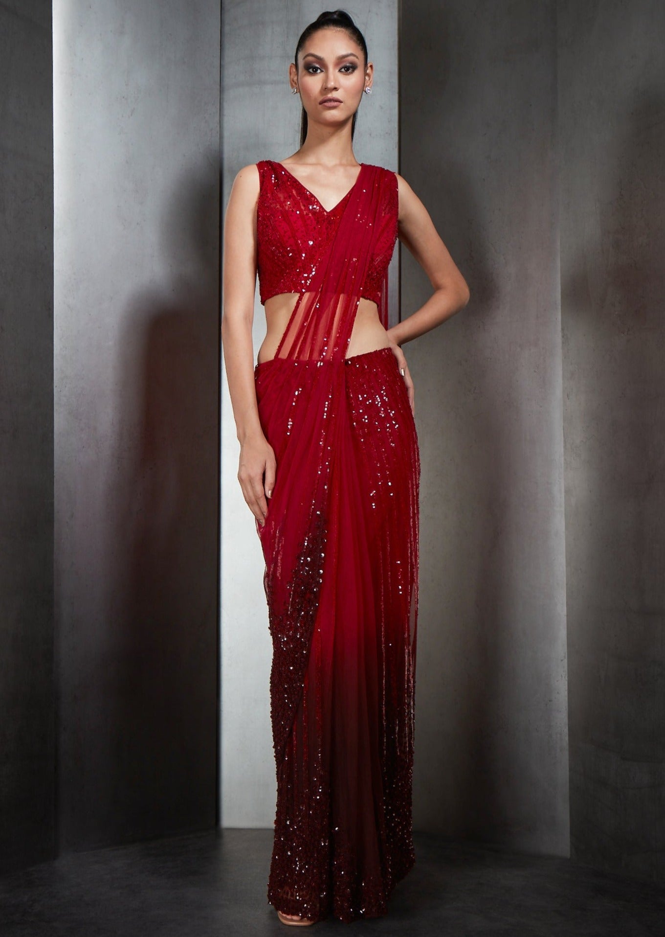 Red Ombre Stripe Embroidery Sari