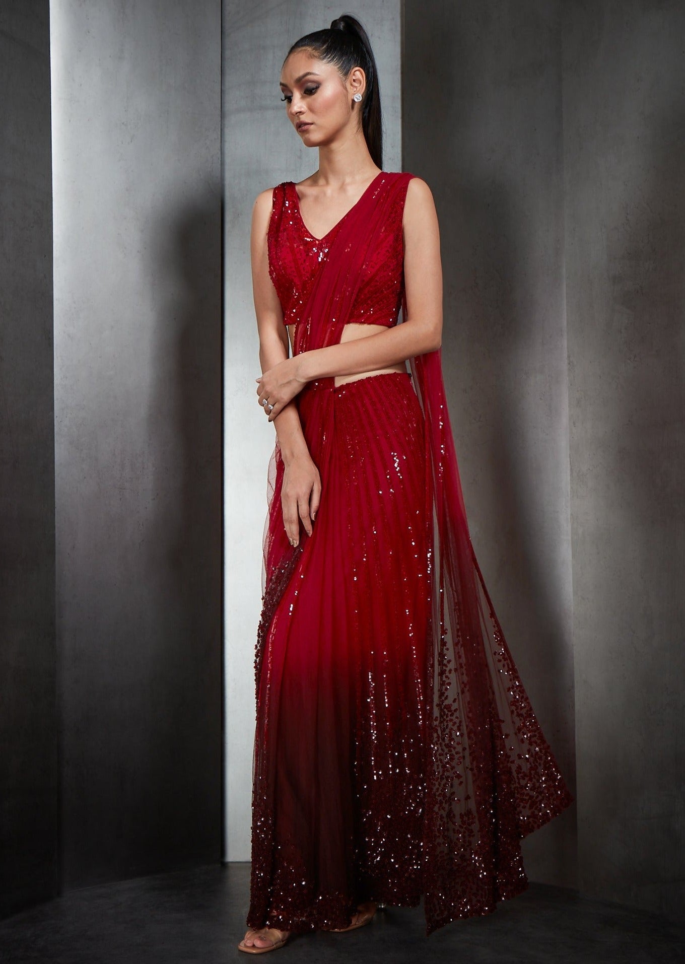 Red Ombre Stripe Embroidery Sari
