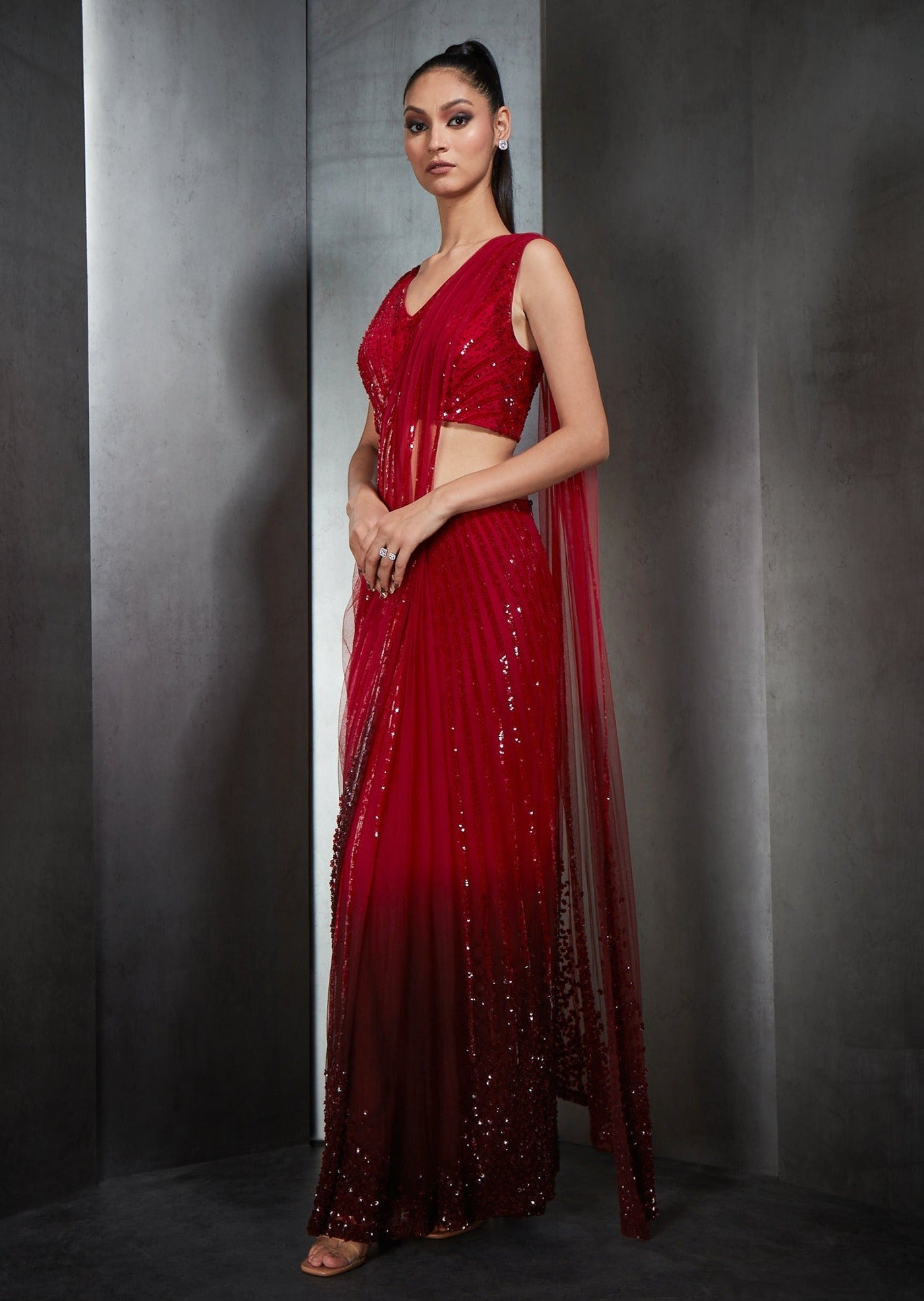 Red Ombre Stripe Embroidery Sari